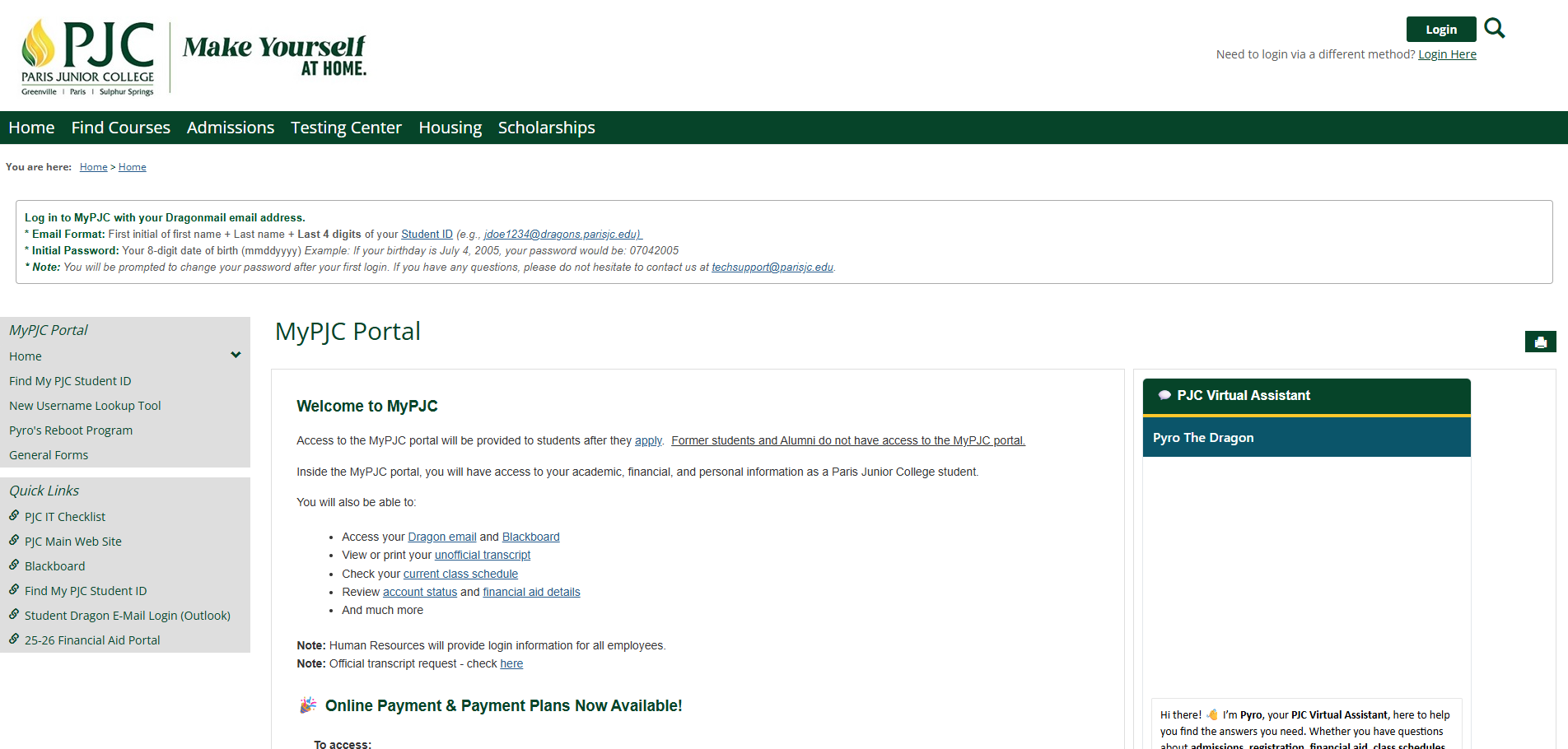 MyPJC Portal login page